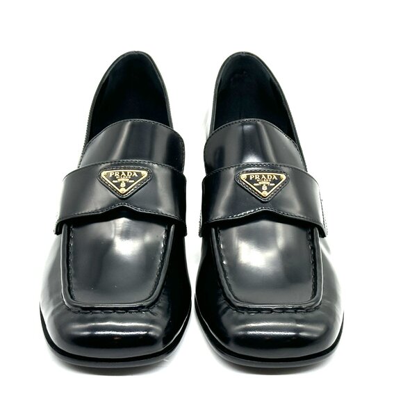 PRADA 35 Triangle Logo Leather Pumps Heels Loafers Shoes Black - Picture 5 of 13